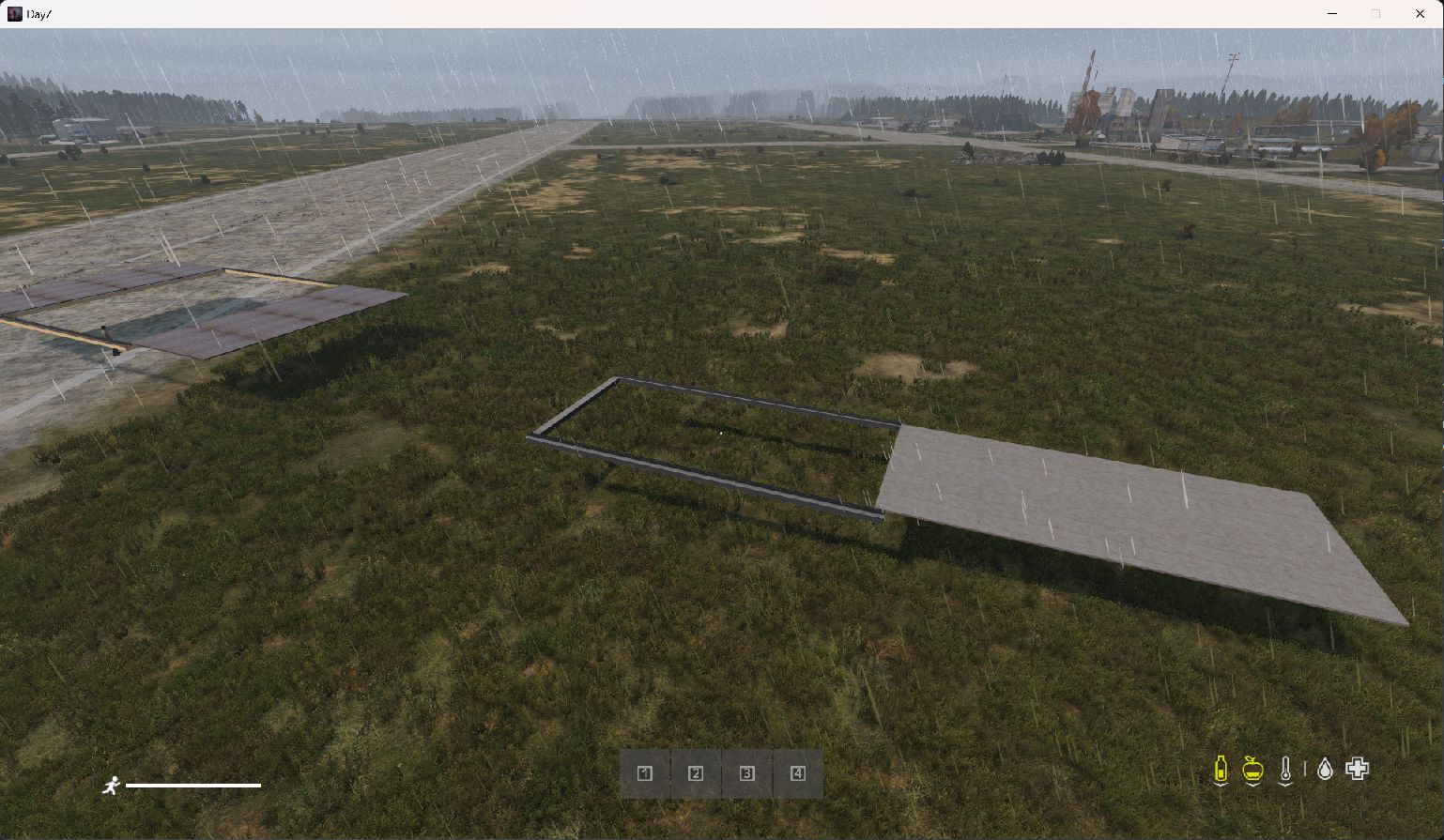 DayZ screenshot showing single roof hangars in the current build